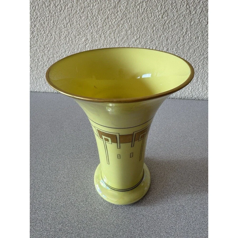 Vintage Art Deco Yellow Ceramic Vase Geometric Gold Black Trumpet 8” Unmarked